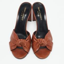 Saint Laurent Brown Knotted Leather Bianca Slide Sandals Size 37