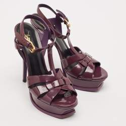 Saint Laurent Dark Purple Patent Leather Tribute Platform Sandals Size 38