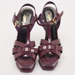 Saint Laurent Dark Purple Patent Leather Tribute Platform Sandals Size 38