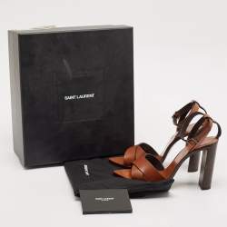 مملوكة مسبقًا Saint Laurent Brown Leather Papaya Block Heel Ankle Strap Sandals Size 37