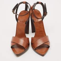 مملوكة مسبقًا Saint Laurent Brown Leather Papaya Block Heel Ankle Strap Sandals Size 37