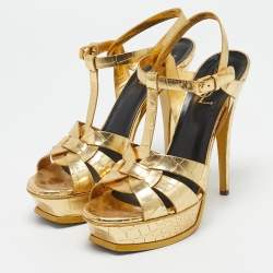 Pre Owned Saint Laurent Metallic Gold Croc Embossed Leather Tribute Ankle Strap Sandals Size 39