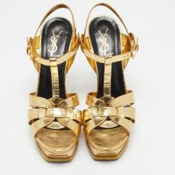 Pre Owned Saint Laurent Metallic Gold Croc Embossed Leather Tribute Ankle Strap Sandals Size 39