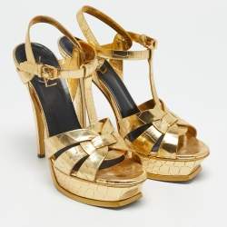 Pre Owned Saint Laurent Metallic Gold Croc Embossed Leather Tribute Ankle Strap Sandals Size 39