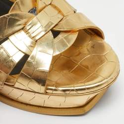 Pre Owned Saint Laurent Metallic Gold Croc Embossed Leather Tribute Ankle Strap Sandals Size 39