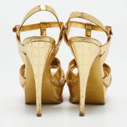 Pre Owned Saint Laurent Metallic Gold Croc Embossed Leather Tribute Ankle Strap Sandals Size 39