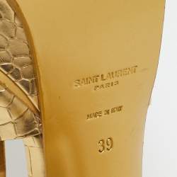 Pre Owned Saint Laurent Metallic Gold Croc Embossed Leather Tribute Ankle Strap Sandals Size 39