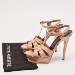  Saint Laurent Beige Patent Leather Tribute Platform Sandals Size 39