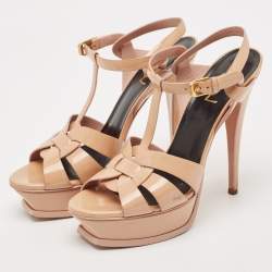  Saint Laurent Beige Patent Leather Tribute Platform Sandals Size 39
