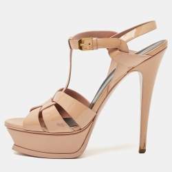 Saint Laurent Beige Patent Leather Tribute Platform Sandals Size 39