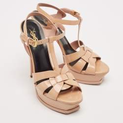  Saint Laurent Beige Patent Leather Tribute Platform Sandals Size 39