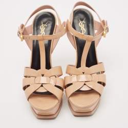  Saint Laurent Beige Patent Leather Tribute Platform Sandals Size 39