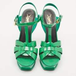 Saint Laurent Green Patent Tribute Platform Sandals Size 39