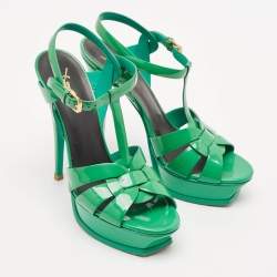 Saint Laurent Green Patent Tribute Platform Sandals Size 39