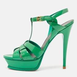 Saint Laurent Green Patent Tribute Platform Sandals Size 39