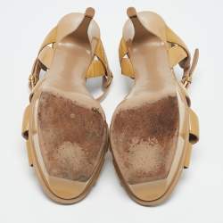 Saint Laurent Beige Patent Leather Tribute Platform Sandals Size 37.5