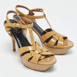 Saint Laurent Beige Patent Leather Tribute Platform Sandals Size 37.5