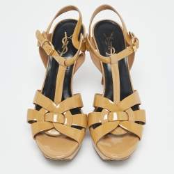Saint Laurent Beige Patent Leather Tribute Platform Sandals Size 37.5