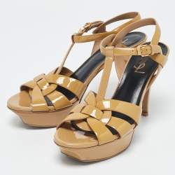 Saint Laurent Beige Patent Leather Tribute Platform Sandals Size 37.5