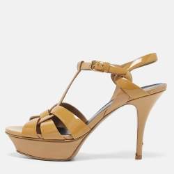 Saint Laurent Beige Patent Leather Tribute Platform Sandals Size 37.5
