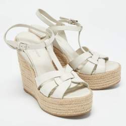 Saint Laurent White Leather Tribute Wedge Platform Espadrille Sandals Size 39