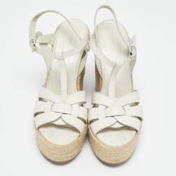 Saint Laurent White Leather Tribute Wedge Platform Espadrille Sandals Size 39