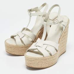 Saint Laurent White Leather Tribute Wedge Platform Espadrille Sandals Size 39