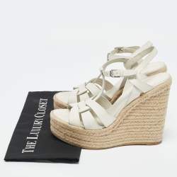 Saint Laurent White Leather Tribute Wedge Platform Espadrille Sandals Size 39