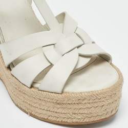 Saint Laurent White Leather Tribute Wedge Platform Espadrille Sandals Size 39