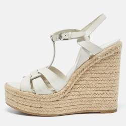 Saint Laurent White Leather Tribute Wedge Platform Espadrille Sandals Size 39