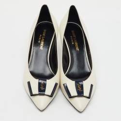 Saint Laurent Off White/Navy Leather Anai YSL Bow Pumps Size 36