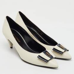 Saint Laurent Off White/Navy Leather Anai YSL Bow Pumps Size 36