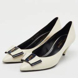 Saint Laurent Off White/Navy Leather Anai YSL Bow Pumps Size 36