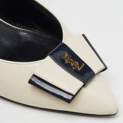 Saint Laurent Off White/Navy Leather Anai YSL Bow Pumps Size 36