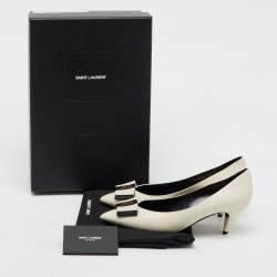 Saint Laurent Off White/Navy Leather Anai YSL Bow Pumps Size 36