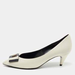 Saint Laurent Off White/Navy Leather Anai YSL Bow Pumps Size 36