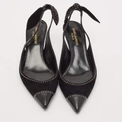 Pre Owned Saint Laurent Black Leather and Suede Charlotte Studded Slingback Pumps Size 39.5