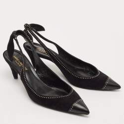 Pre Owned Saint Laurent Black Leather and Suede Charlotte Studded Slingback Pumps Size 39.5