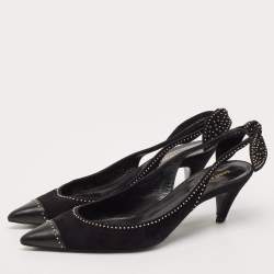 Pre Owned Saint Laurent Black Leather and Suede Charlotte Studded Slingback Pumps Size 39.5