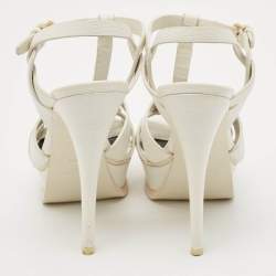 Pre Owned صندل سان لوران باريس جلد بنفسجي تريبوت نعل سميك بحزام للكاحل مقاس 38.5