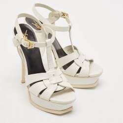 Pre Owned صندل سان لوران باريس جلد بنفسجي تريبوت نعل سميك بحزام للكاحل مقاس 38.5