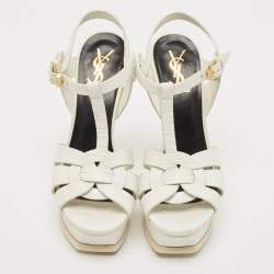 Pre Owned صندل سان لوران باريس جلد بنفسجي تريبوت نعل سميك بحزام للكاحل مقاس 38.5