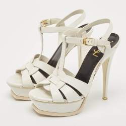 Pre Owned صندل سان لوران باريس جلد بنفسجي تريبوت نعل سميك بحزام للكاحل مقاس 38.5