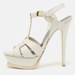 Pre Owned صندل سان لوران باريس جلد بنفسجي تريبوت نعل سميك بحزام للكاحل مقاس 38.5