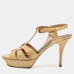 Saint Laurent Beige Patent Leather Tribute Platform Ankle Strap Sandals Size 41