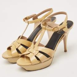 Saint Laurent Beige Patent Leather Tribute Platform Ankle Strap Sandals Size 41