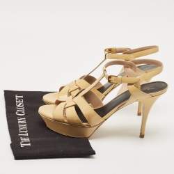 Saint Laurent Beige Patent Leather Tribute Platform Ankle Strap Sandals Size 41