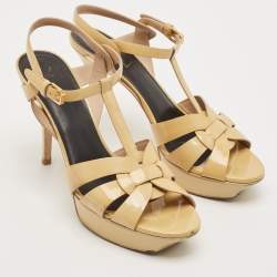 Saint Laurent Beige Patent Leather Tribute Platform Ankle Strap Sandals Size 41