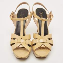 Saint Laurent Beige Patent Leather Tribute Platform Ankle Strap Sandals Size 41