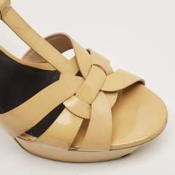 Saint Laurent Beige Patent Leather Tribute Platform Ankle Strap Sandals Size 41